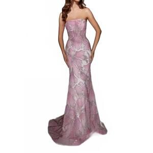 NEW ALYCE PARIS strapless beaded evening gown in pink/white